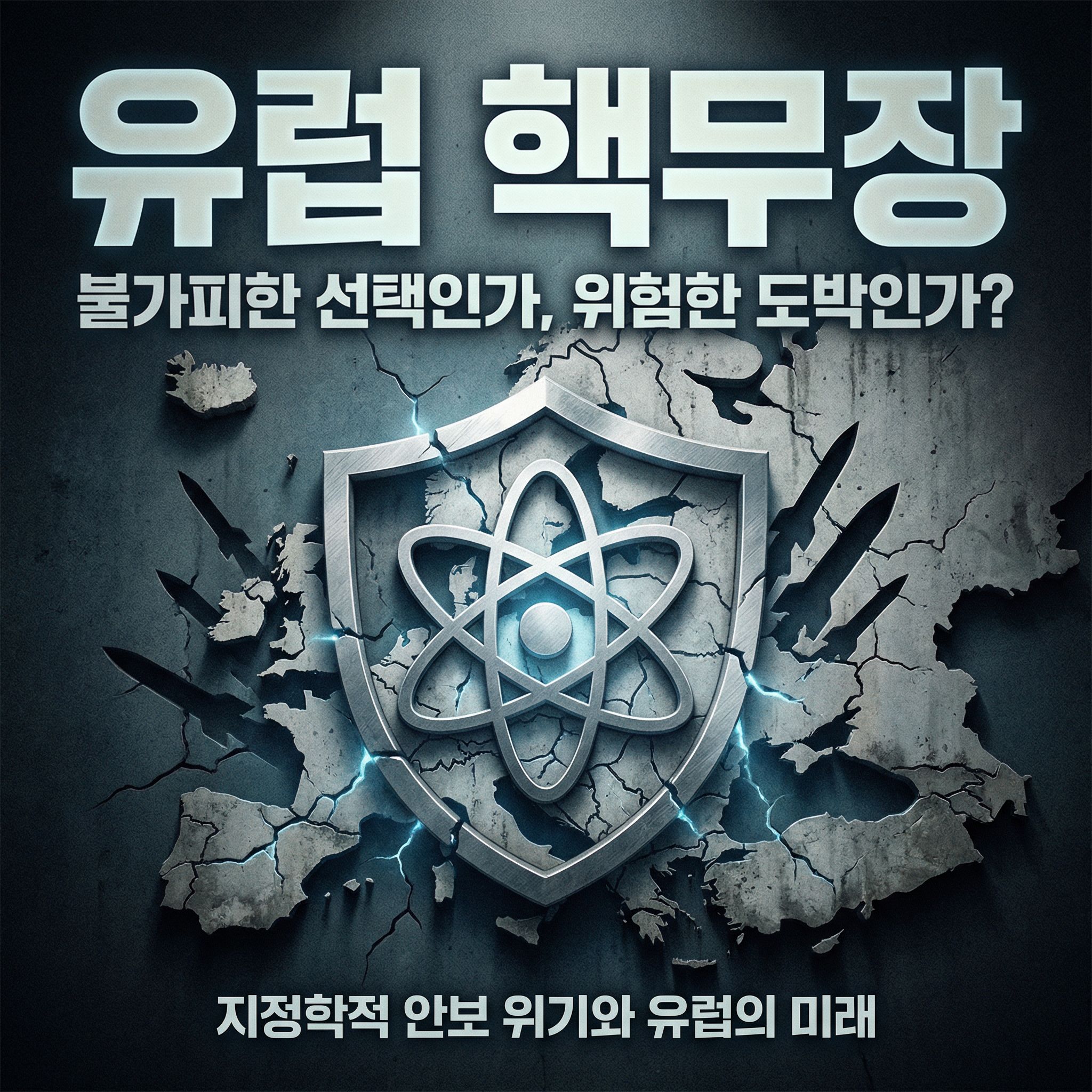 유럽 국기들과 핵무기 실루엣이 결합된 국제 안보 및 유럽 핵무장 관련 상징 이미지