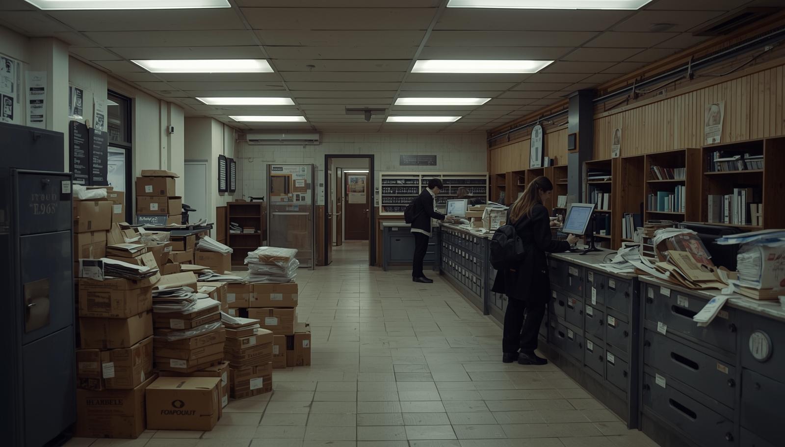 우체국 사무실에서 줄어든 우편물과 상자들 사이로 직원들이 컴퓨터로 업무를 보는 장면