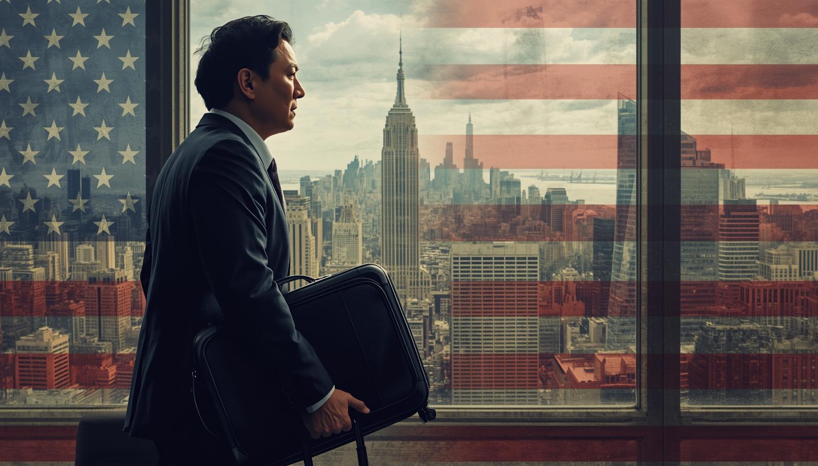 미국 국기와 뉴욕 스카이라인이 겹쳐진 창가 앞에서 가방을 든 남성이 떠날 준비를 하는 모습