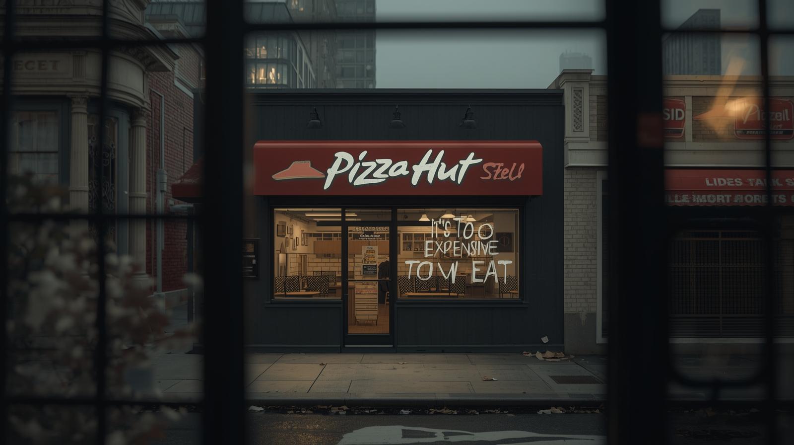 미국 내 폐업한 피자헛 매장 입구에 부착된 영업 중단 안내문과 텅 빈 내부 전경