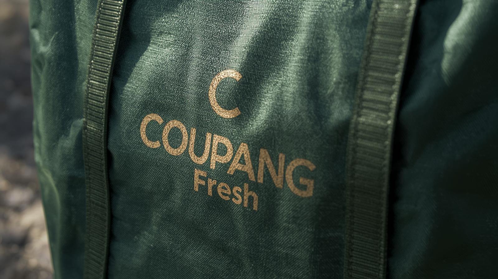 쿠팡 프레시백이 아파트 공용 통로인 공동현관에 적치되어 소방 안전과 통행 흐름에 미치는 영향 및 수거 프로세스를 시각화한 이미지